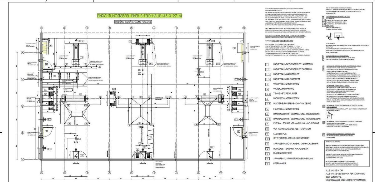 Bau- und Fundamentplan einer Sporthalle