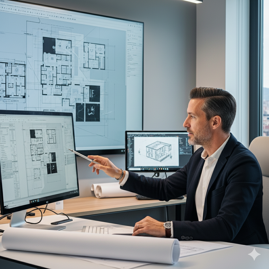 Arquitecto en Barcelona diseñando planos de reforma y construcción