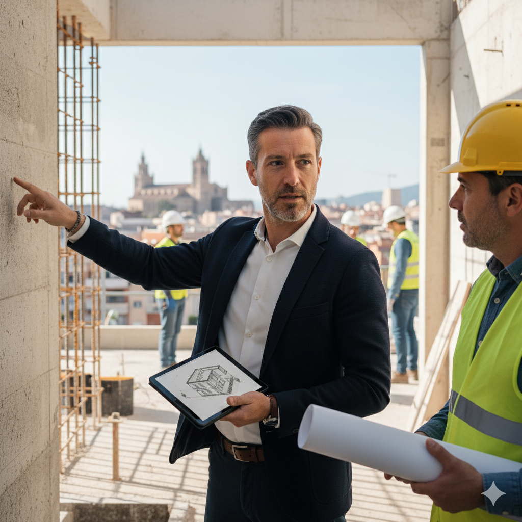 Arquitecto experto supervisando obra de nueva construcción en Barcelona, garantizando calidad y cumplimiento del proyecto