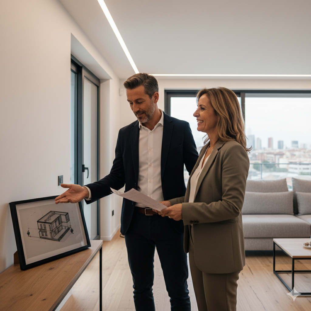 Arquitecto en Tarragona presentando diseño de reforma interior a cliente.