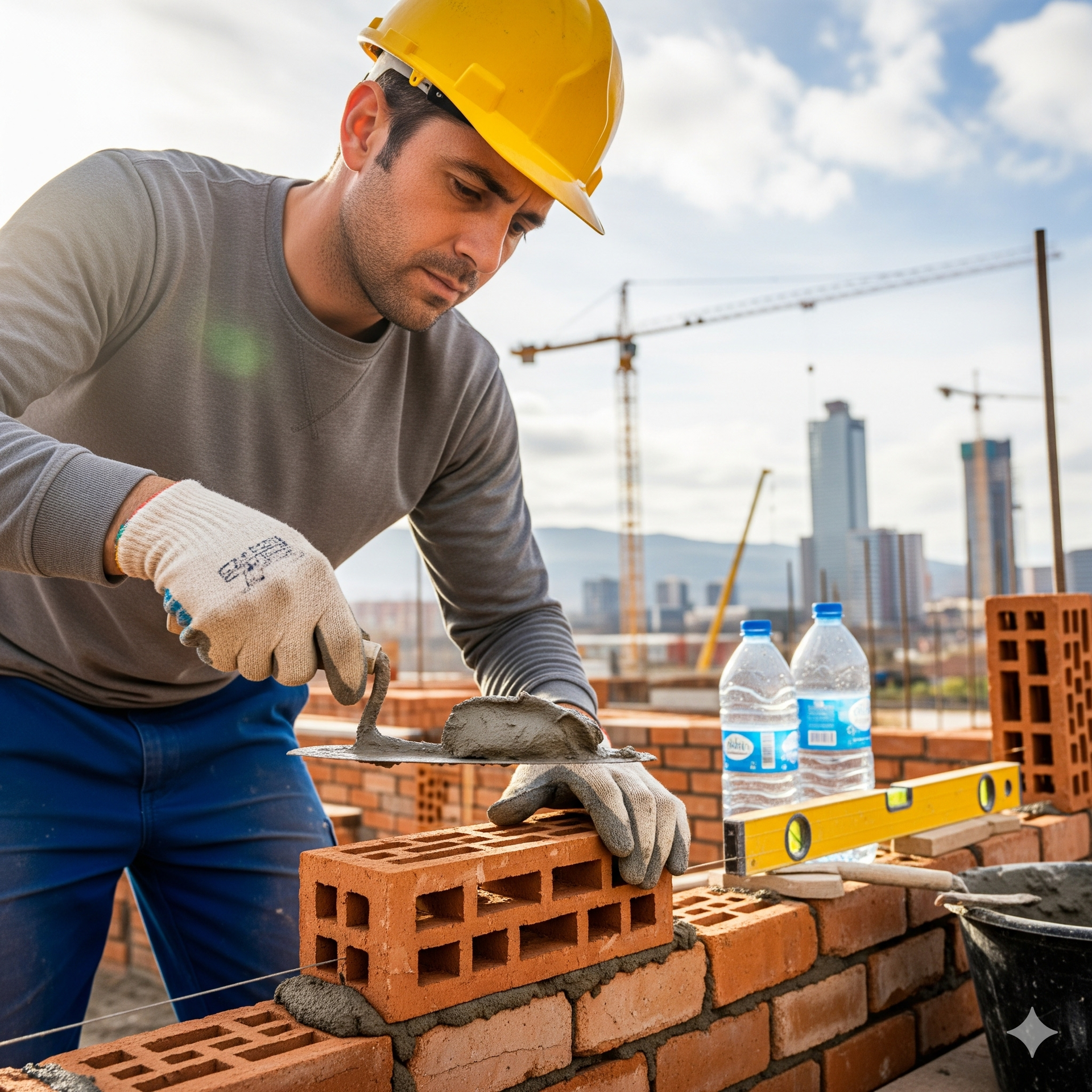 Albañil profesional en Terrassa trabajando con precisión en la construcción de un muro de ladrillo.