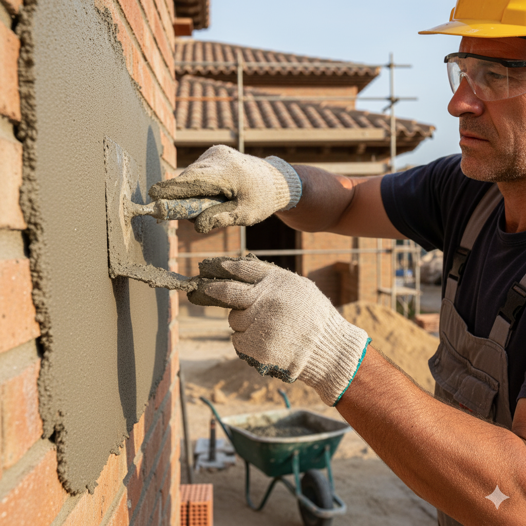 Albañil de reformas revistiendo fachada en Barcelona