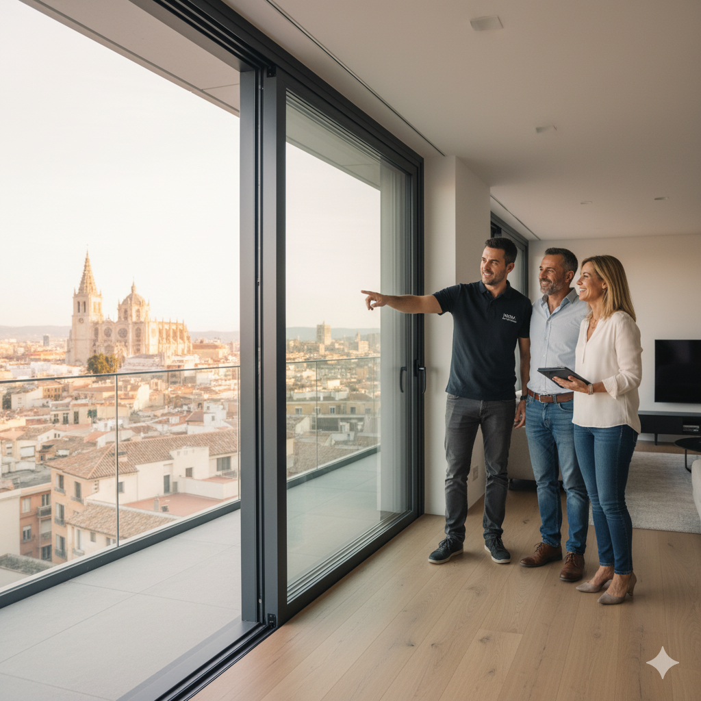 Instalador de aluminio explicando detalles a clientes satisfechos en Mollet del Vallès