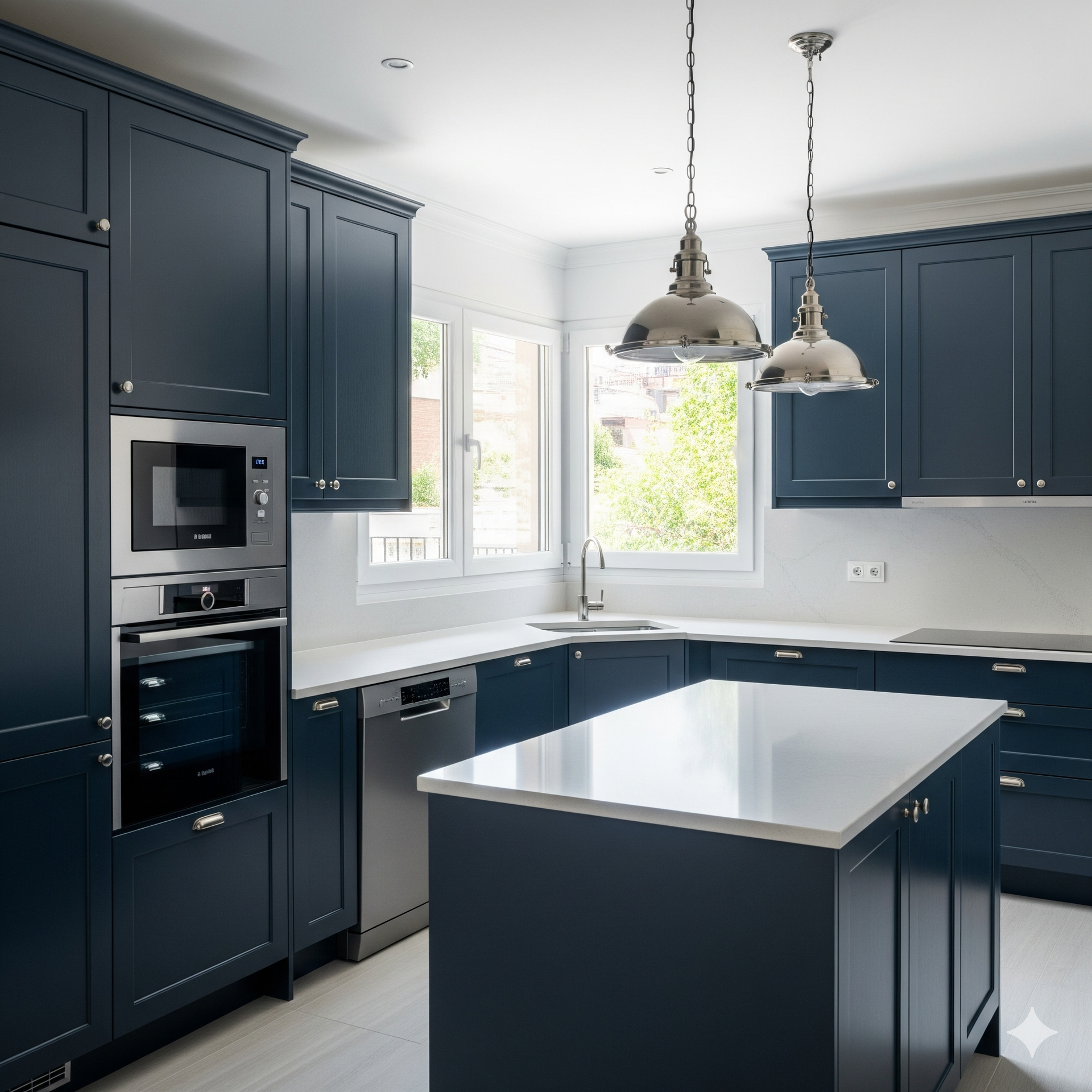 Cocina de diseño en Terrassa con gabinetes azul oscuro, encimeras claras y electrodomésticos integrados