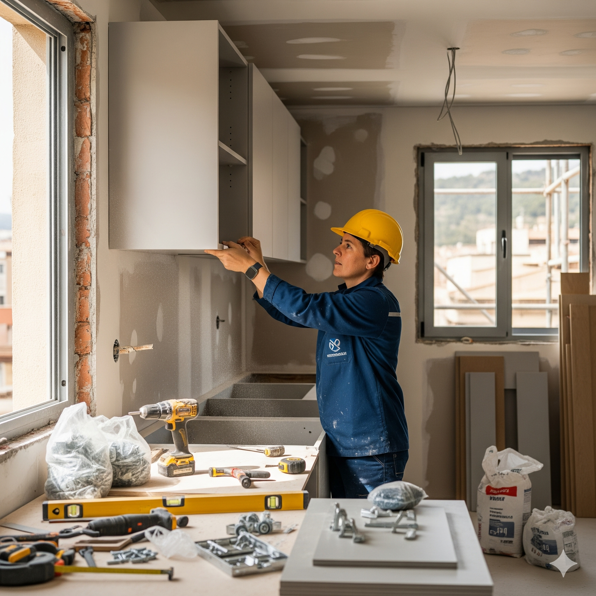 Profesional instalando gabinetes de cocina en Cerdanyola del Vallès, mostrando pericia y atención al detalle en una reforma