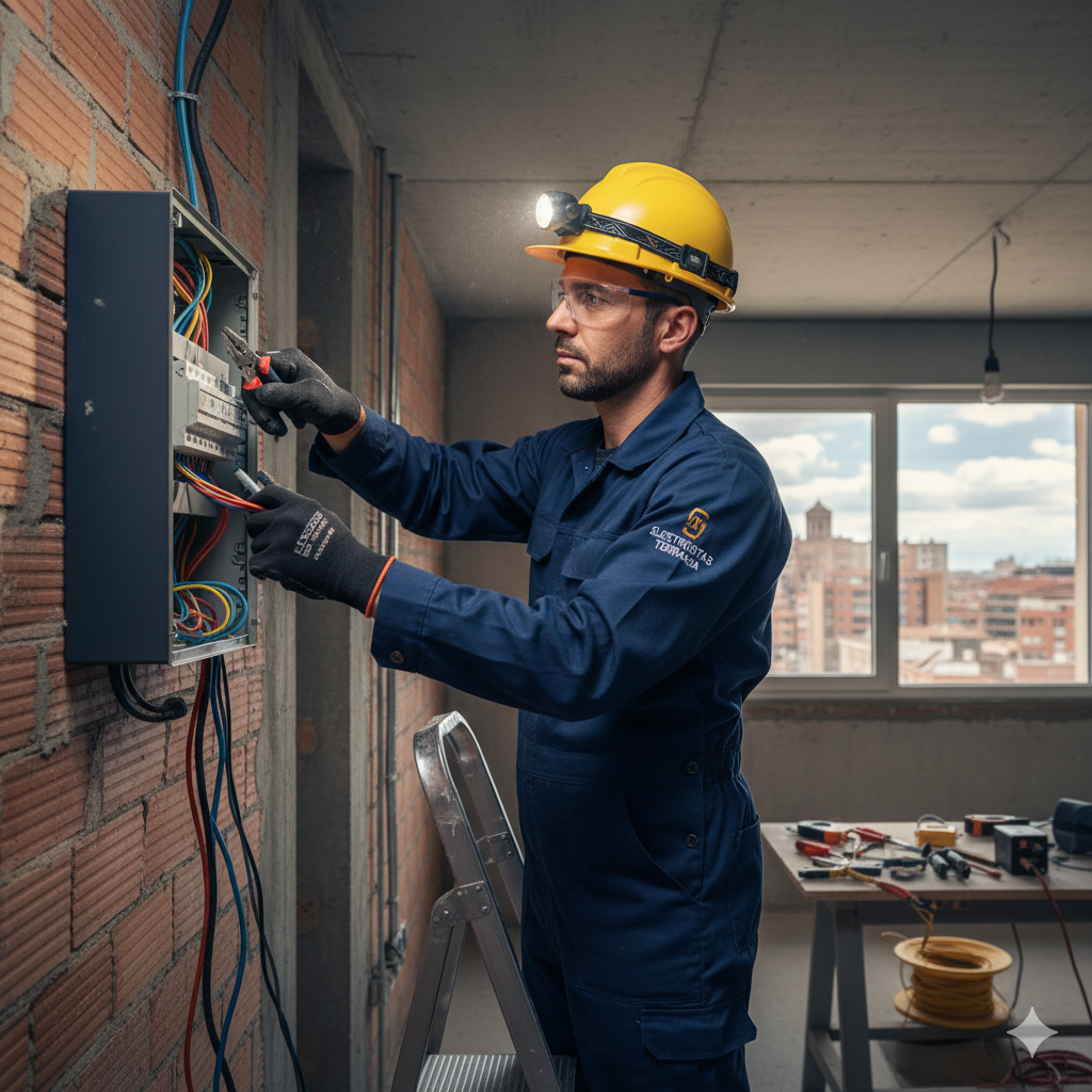 Electricista profesional realizando una instalación y reparación compleja en Terrassa