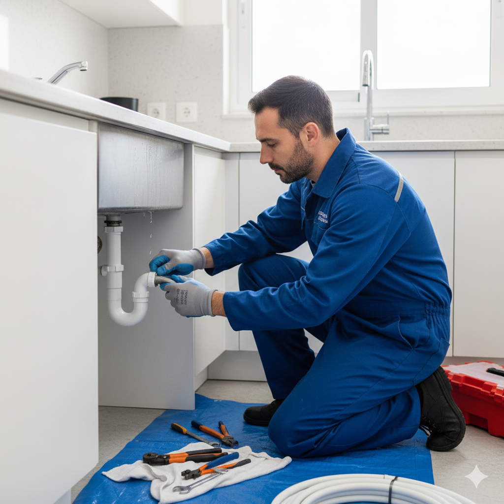 Fontanero de Terrassa relazando una reparación común de fuga de agua en cocina