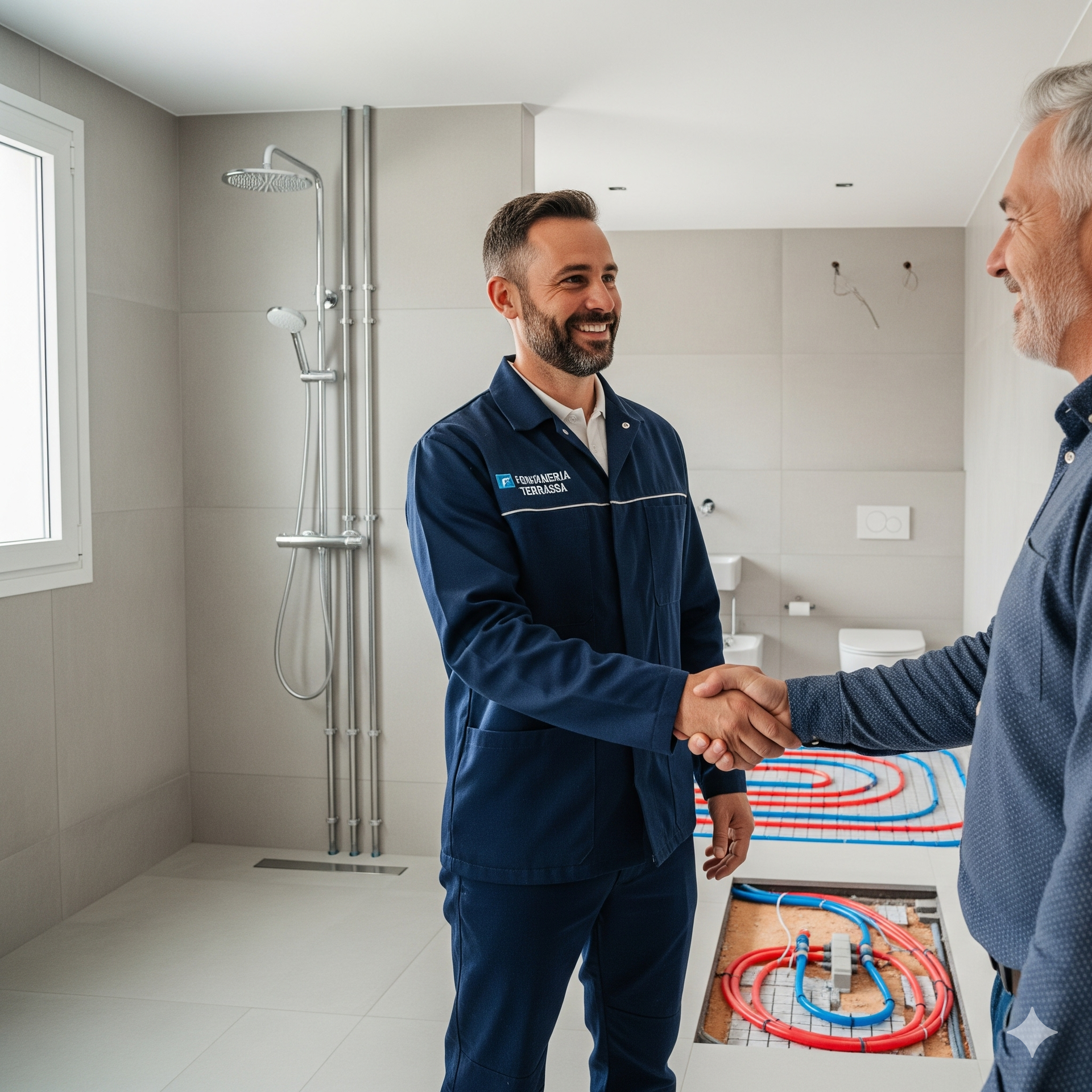 Profesional fontanero en Mollet del Vallès y al cliente satisfecho en un baño con instalaciones de suelo radiante