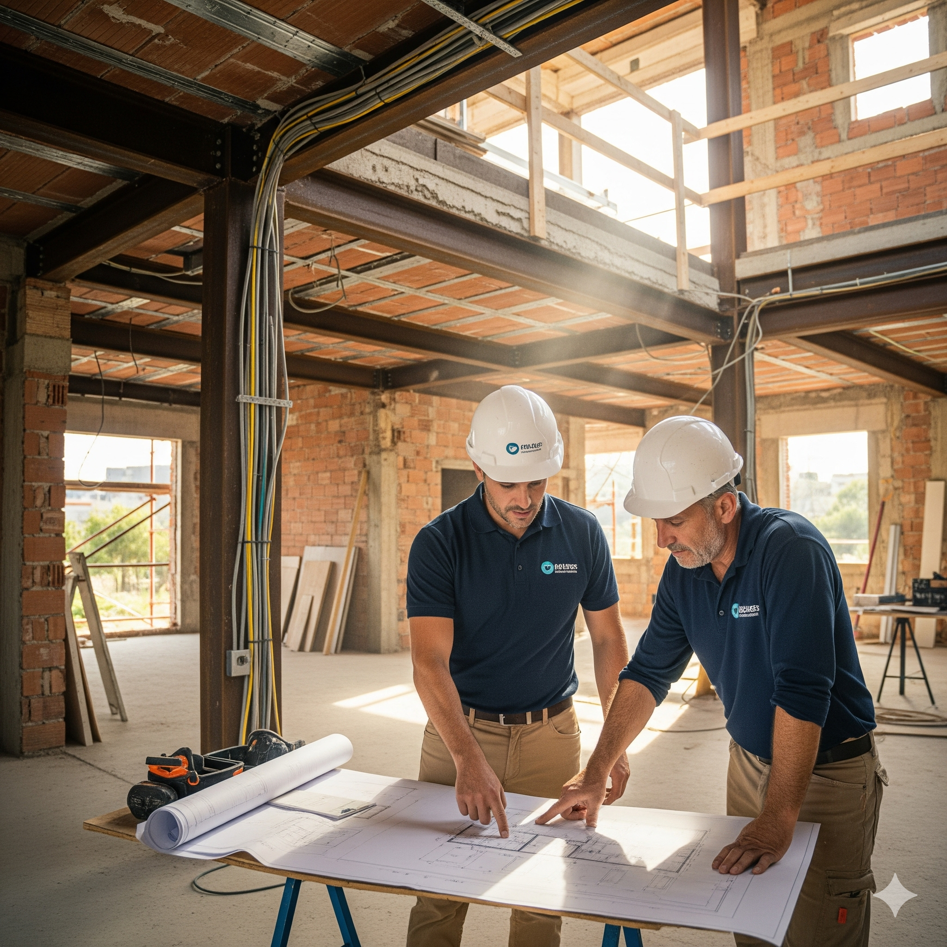 Equipo de reforma en Cerdanyola del Vallès supervisando planos de obra estructural, demostrando experiencia en proyectos complejos.