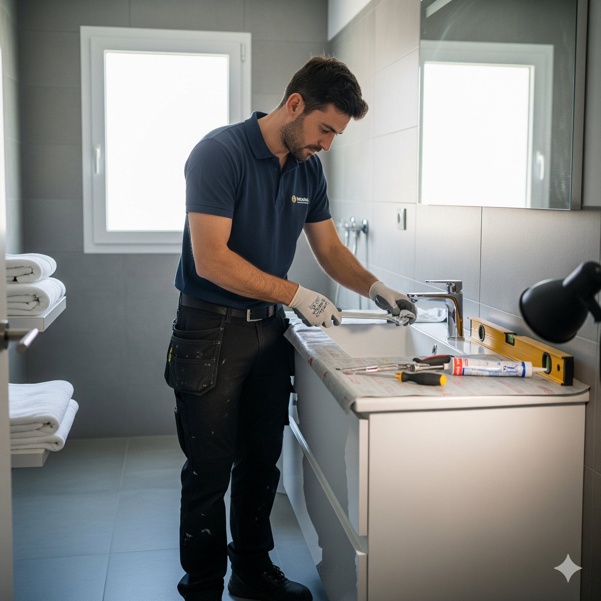 Fontanero profesional de reformas en Cerdanyola del Vallès instalando grifería de diseño en un baño.