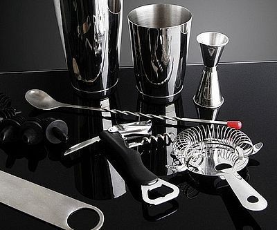 Bottle opener, strainer, corkscrew, bar spoon