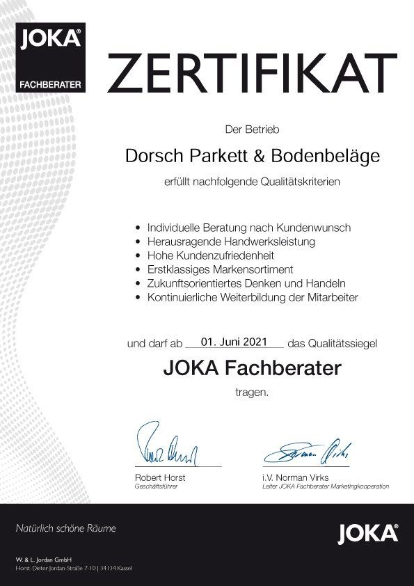 JOKA Zertifikat Dorsch Parkett