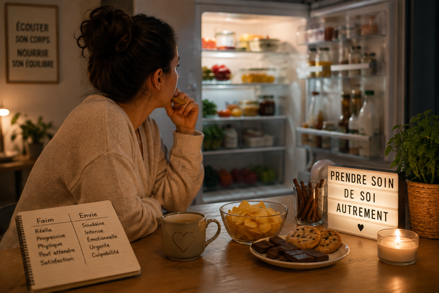 Femme face au réfrigérateur illustrant le grignotage émotionnel et les envies de manger sans faim