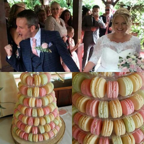 Dottie Macarons Wedding Tower of  Rose, Salted Caramel and Gin & Lemon Organic Macarons at The Black Horse. Thurnham. Sep 2018.
