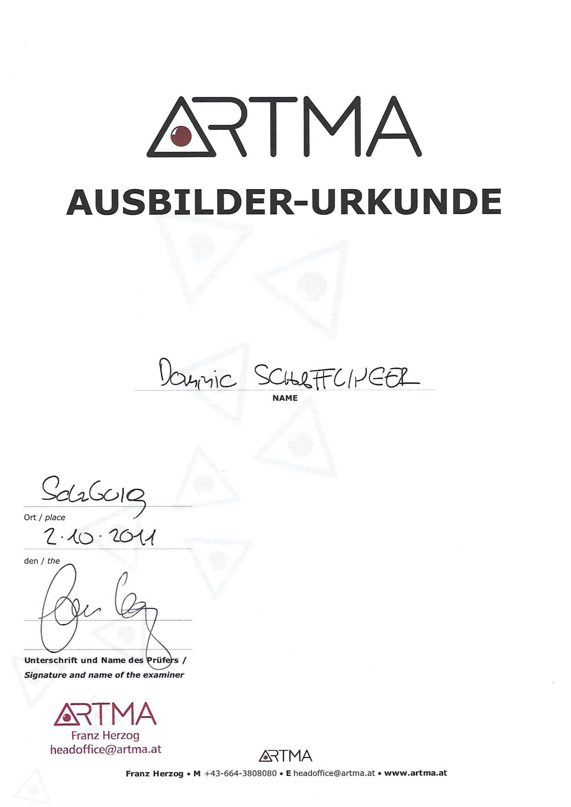 Dominic Schafflinger Ausbilderurkunde