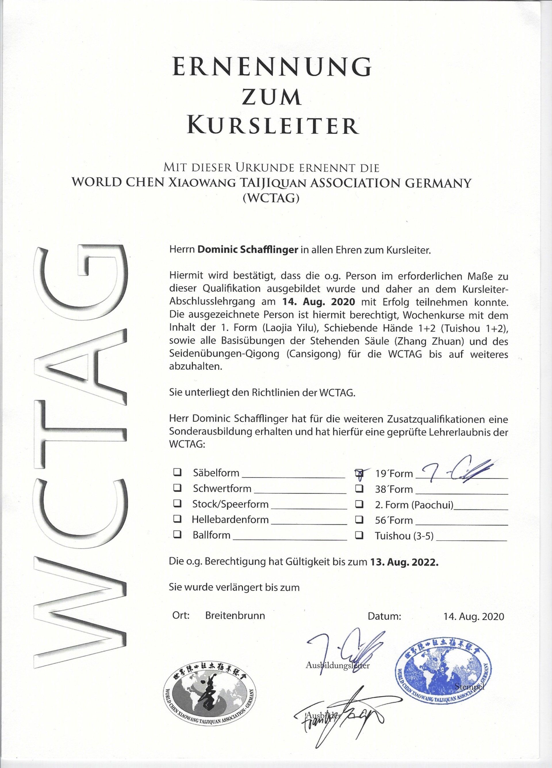 WCTAG Urkunde Kursleitung