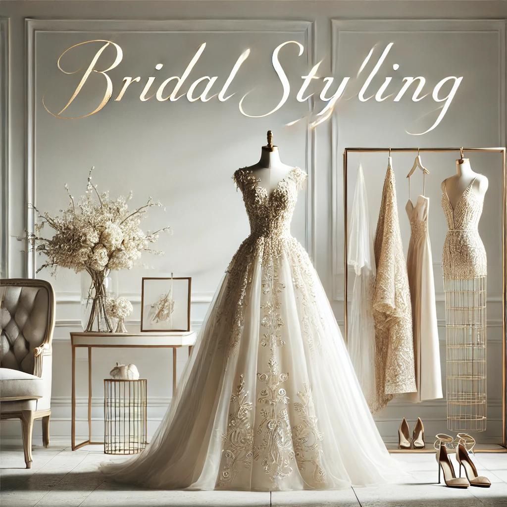 Interno di un atelier sposa con abito da sposa e altri abiti appesi sullo sfondo.