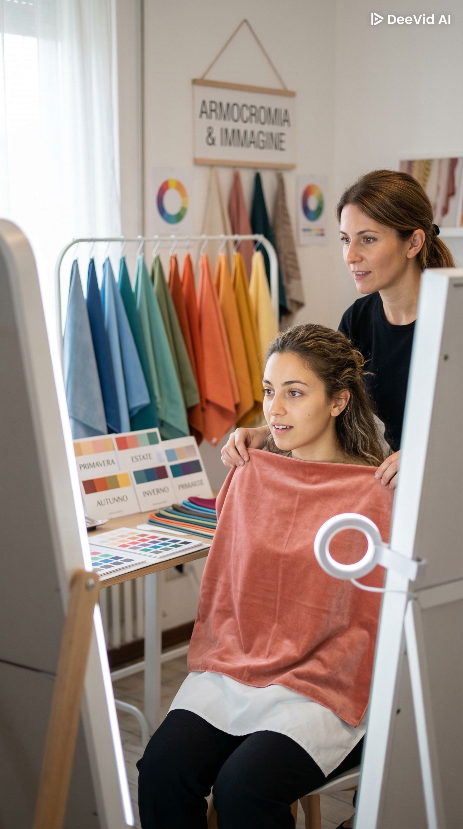 Una ragazza che prova dei tessuti colaorati.