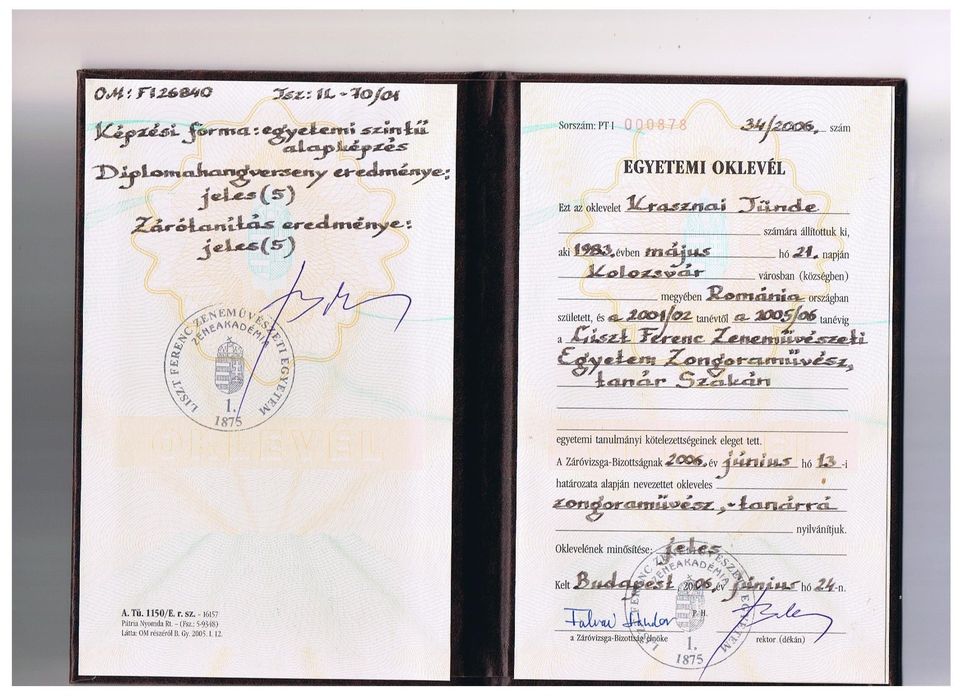 Tunde Ilona Krasznai Hungarian Masters Degree from the Liszt Academy Budapest Tunde Krasznai Masters Degree Liszt Academy Budapest