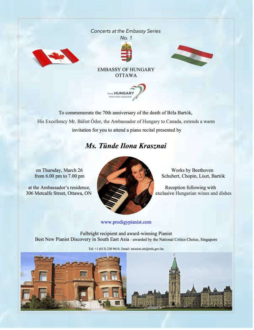 Piano Recital at the Hungarian Embassy in Ottawa, Canada Tunde Ilona Krasznai in Ottawa Embassy of Hungary