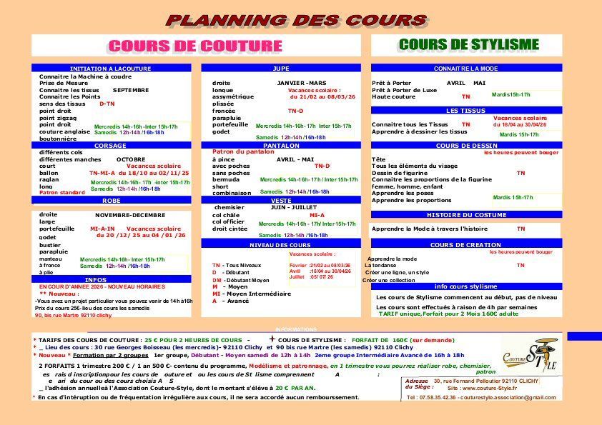 nouveau mise à jour du planning, septembre 2021 Planning des cours, Modélisme Patronnage, Stylisme