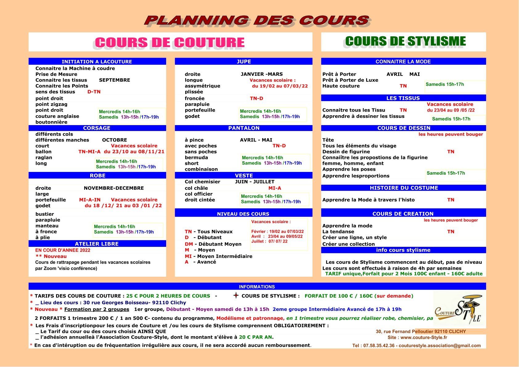 nouveau mise à jour du planning, septembre 2021