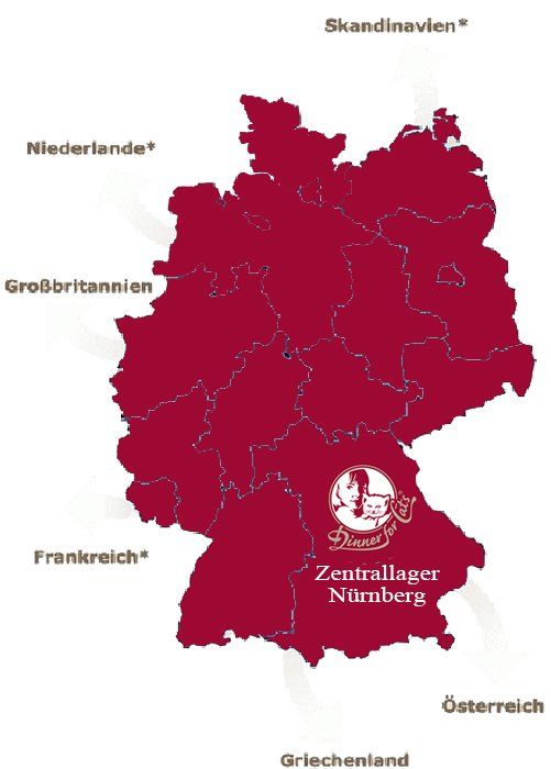 Das Bild zeigt eine Grafik mit der Karte von Deutschland und den Landern, in die Dinner for Cats liefert
