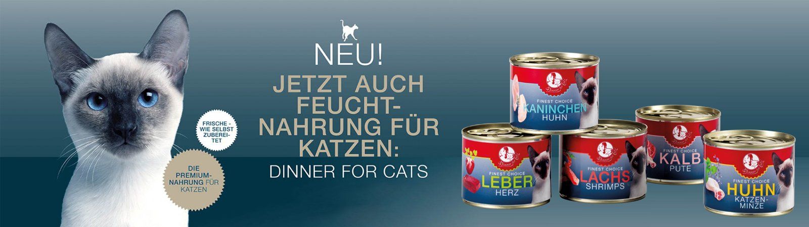 Das Bild zeigt verschiedene Dinner for Cats Fines Choice Menüs