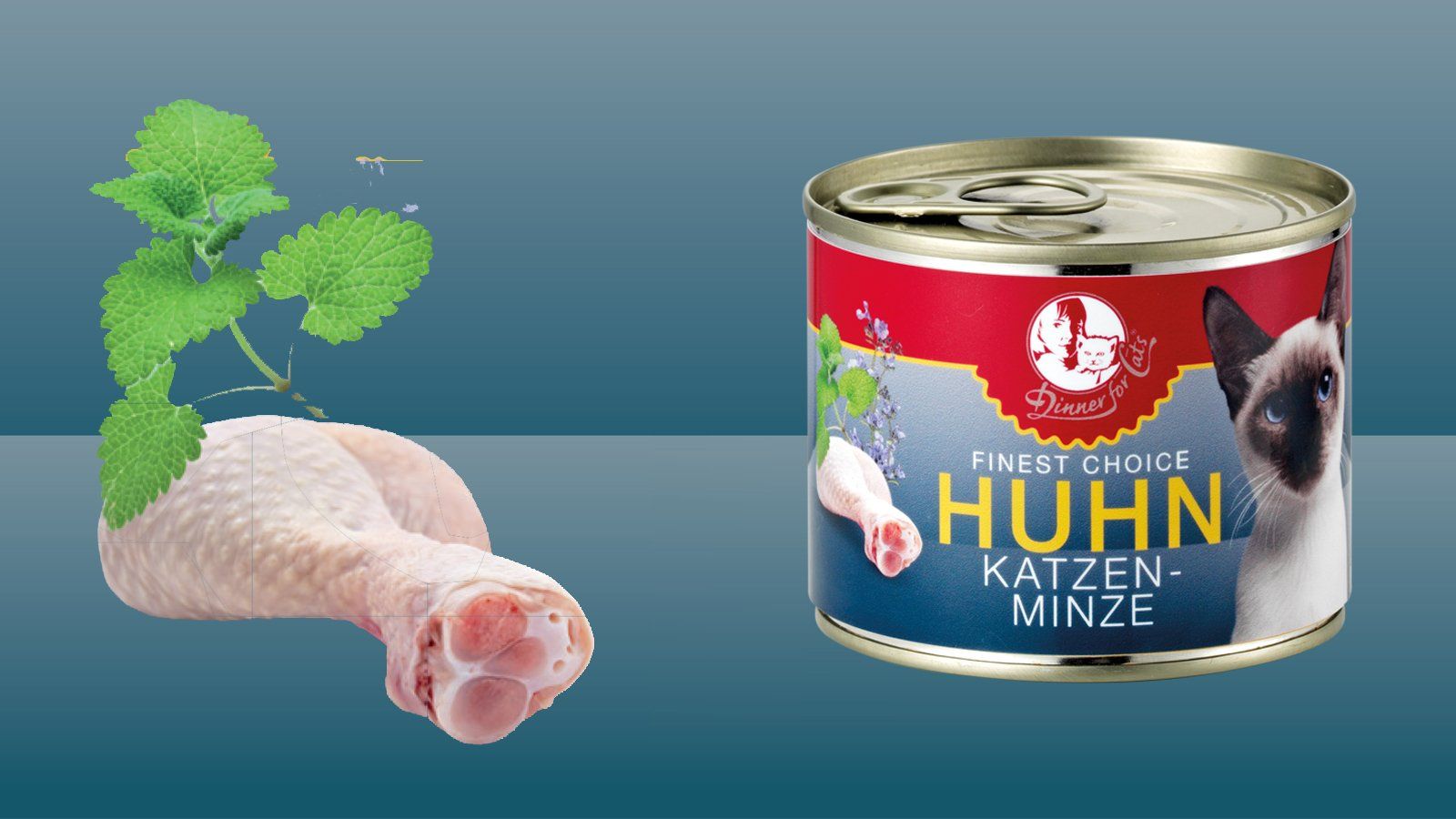 Das Bild zeigt das Dinner for Cats Finest Choice-Menü Huhn & Katzenminze
