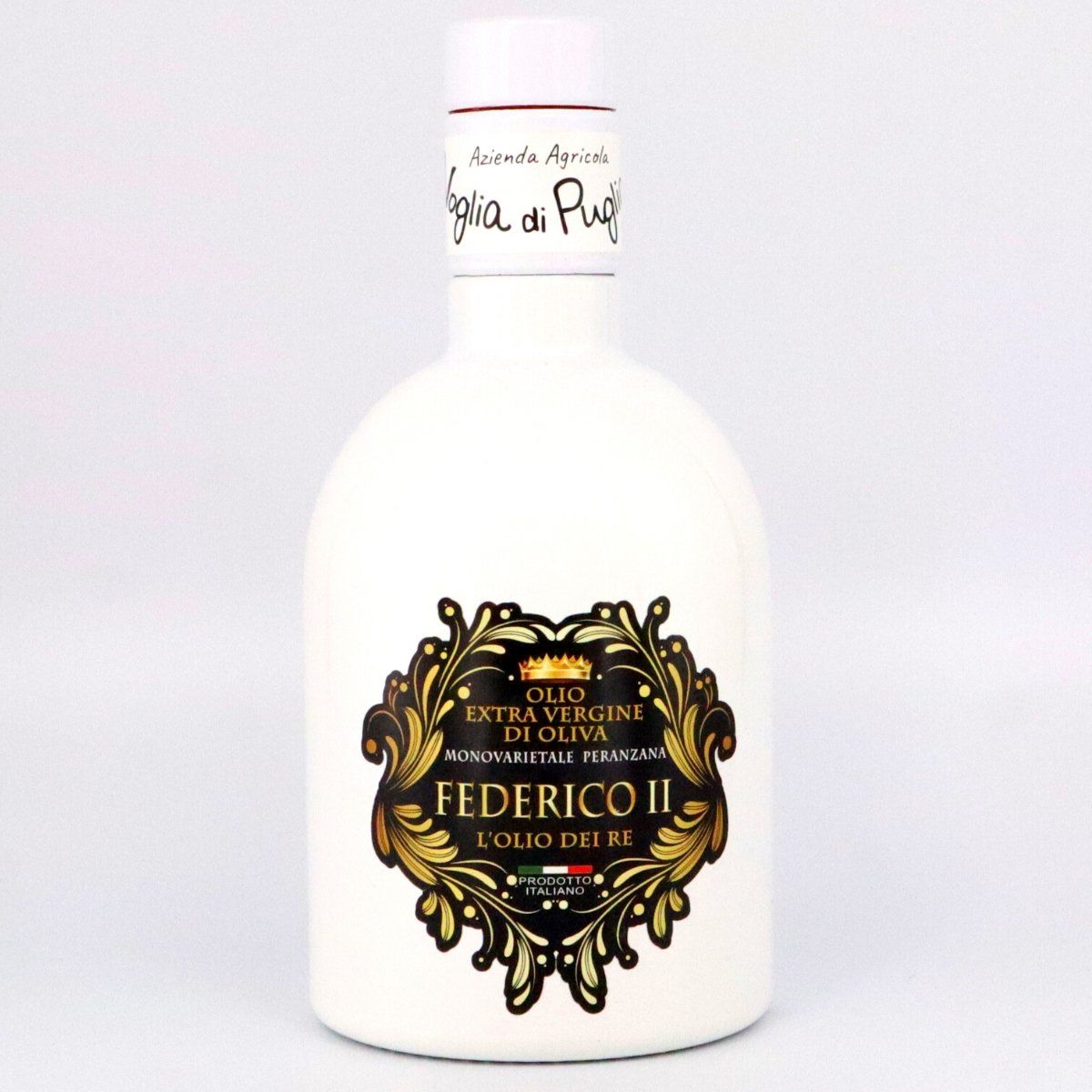 Olio extravergine di oliva monovarietale di oliva Peranzana Federico Secondo Voglia di Puglia