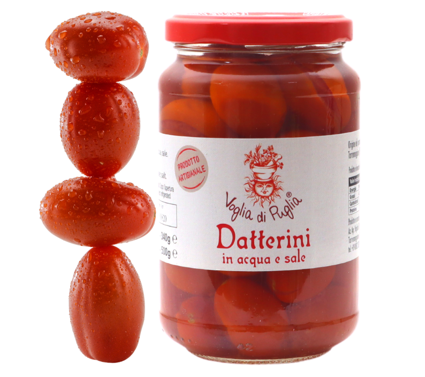 Pomodori datterini coltivati in puglia secondo agricoltura biologica, nei fertili terreni del tavoliere delle puglie. Pomodori genuini con polpa soda e ben strutturata, gusto dolce delicato e inconfondibile, da abbinare al nostro olio extravergine di oliva Peranzana Datterini in acqua e sale Voglia di Puglia