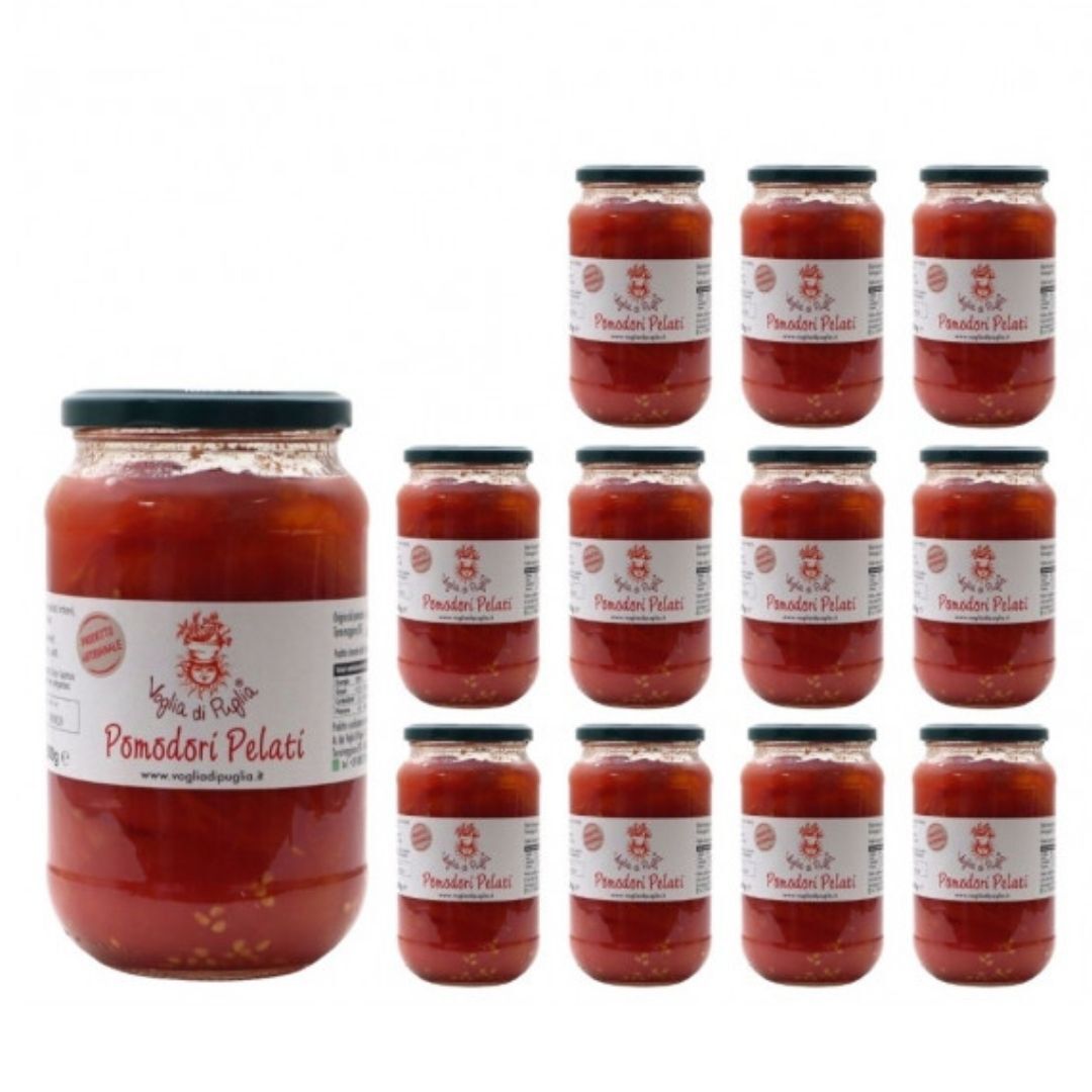 Pomodori Pelati pronti per condire, di altissima qualità gastronomica, creati soltanto con  metodi tradizionali nessun ausilio di additivi. scottato in acqua bollente viene pelato a mano e invasato intero, ha un acidità naturale una rustica essenza di pomodoro fresco.