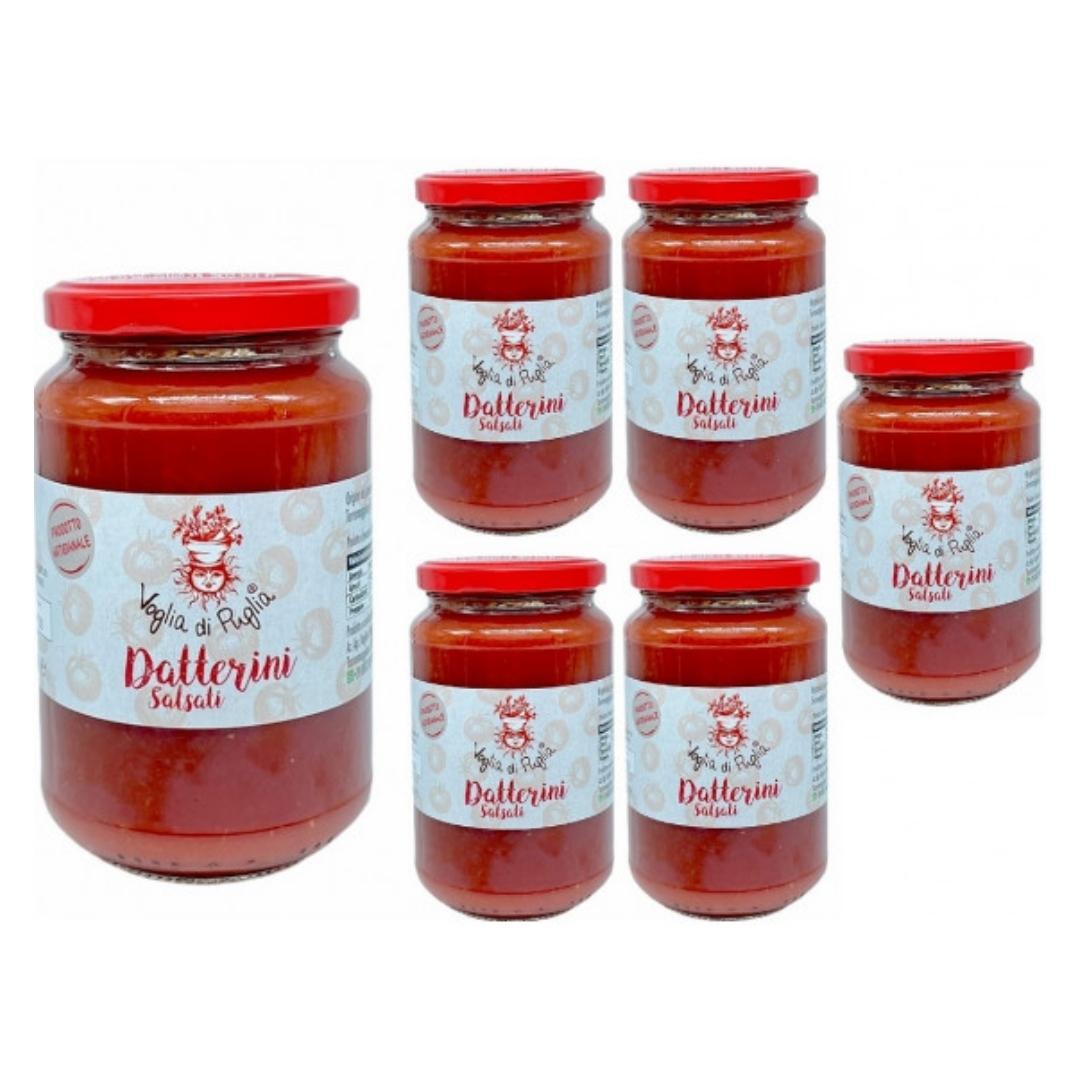 Voglia Di Puglia Datterini Rossi Salsati Artigianali Pomodori cresciuti e raccolti nella nostra azienda agricola a filiera corta. conservati in finissima passata di pomodoro datterino, pregiata varietà italiana, senza alcun tipo di conservante o colorante. ottimi per la preparazione di una focaccia pizza o friselle, sugo al basilico, insaporire minestre, secondi di carne e pesce, ingredienti: pomodori datterini freschi italiani, sale. SENZA GLUTINE, SENZA CONSERVANTI E COLORANTI.