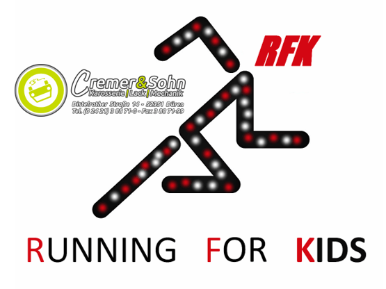 Logo Running for Kids. In schwarzen Strichen dargestellter Läufer mit rotem Kopf RFK