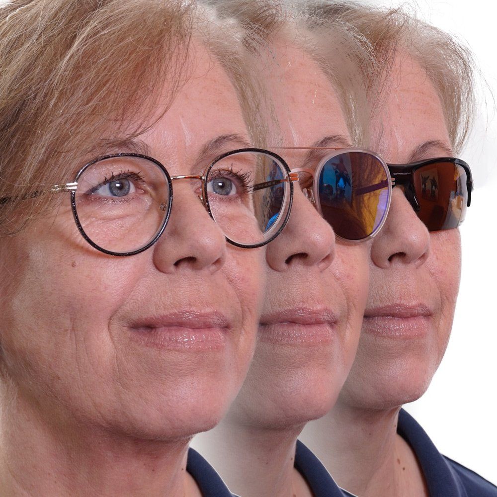 3 Frauen Portraitfotos mit Klarglasbrille Sonnenbrille und Sporbrille