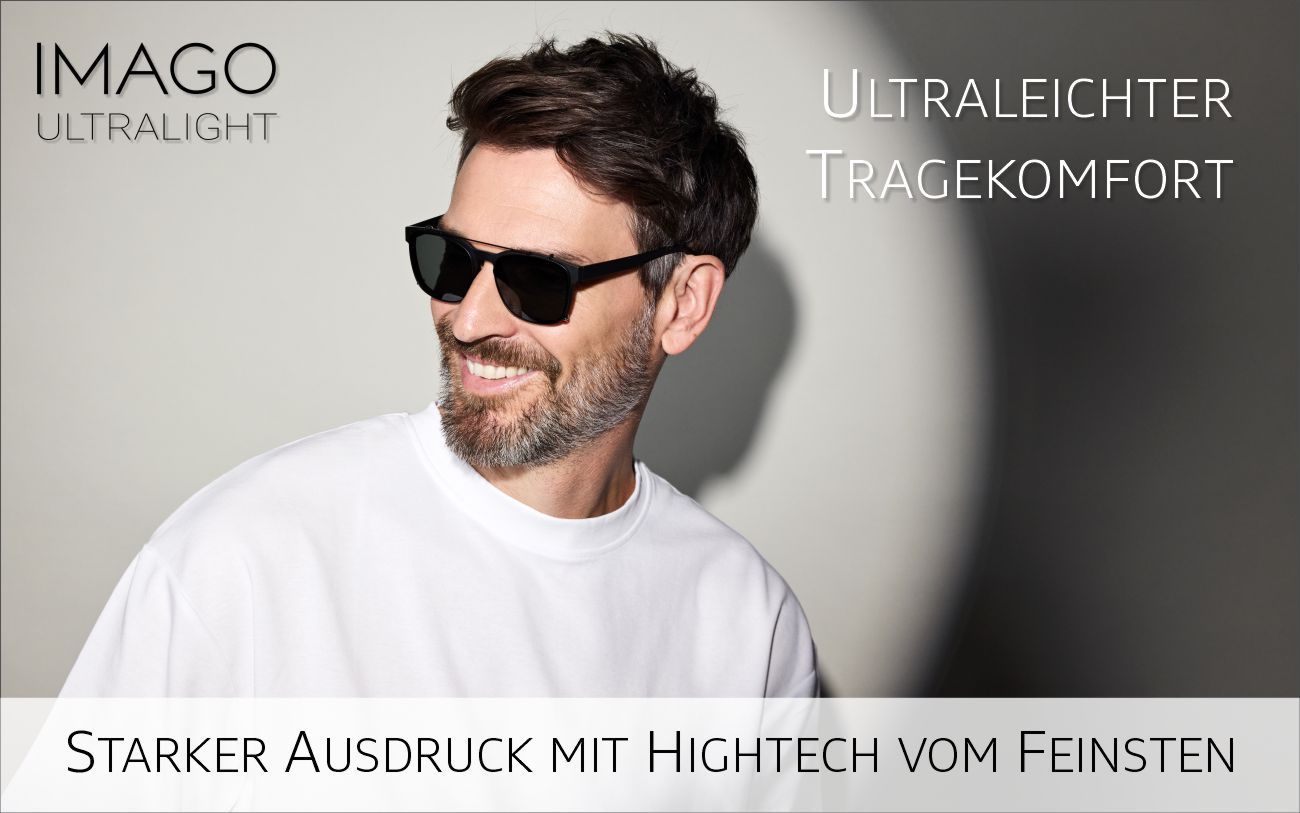 Das Bild zeigt eien Mann mit kurzem grauen Bart, der eine Sonnenbrille auf hat und mit einem Lächeln in die Kamera blickt, begleitet von Werbetexten für ultraleichte Brillengestelle von IMAGO