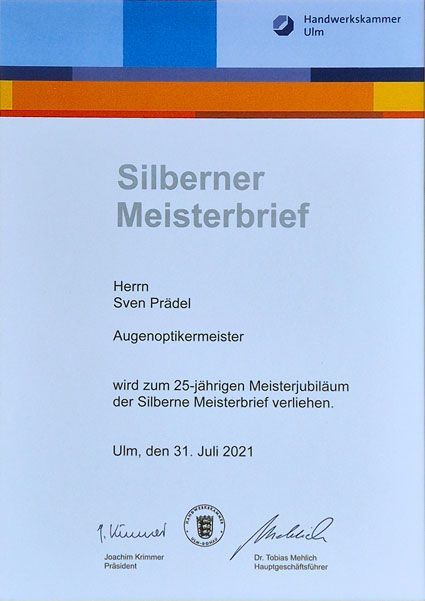 Silberner Meisterbrief Silberner Meisterbrief der Handwerkskammer Ulm für Sven Prädel