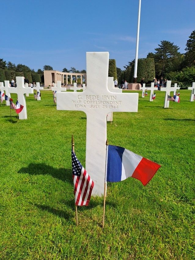 Headstone of war photographer Bede Irvin at the Normandy American Cemetery