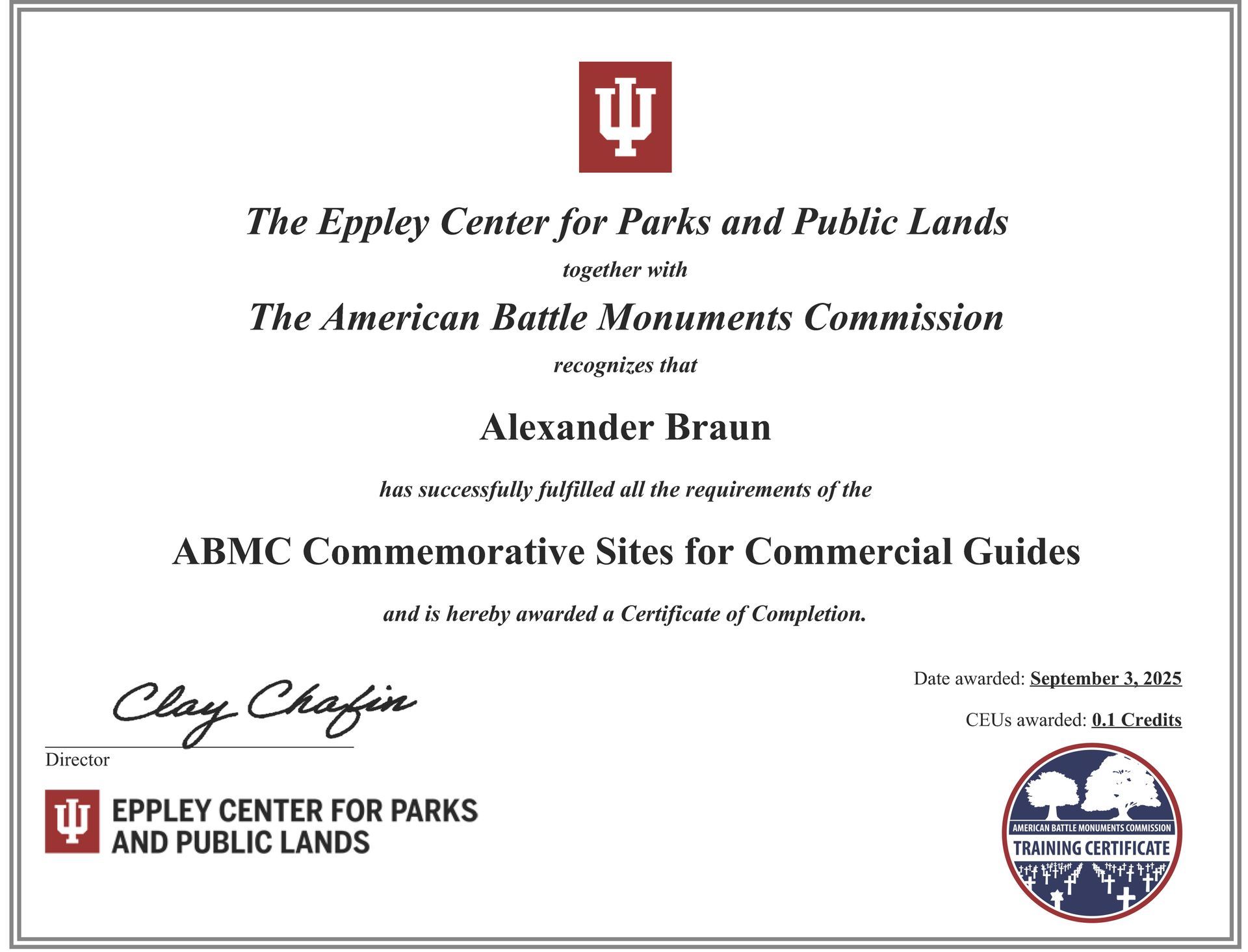 The certificate for successful completion of the ABMC sites course