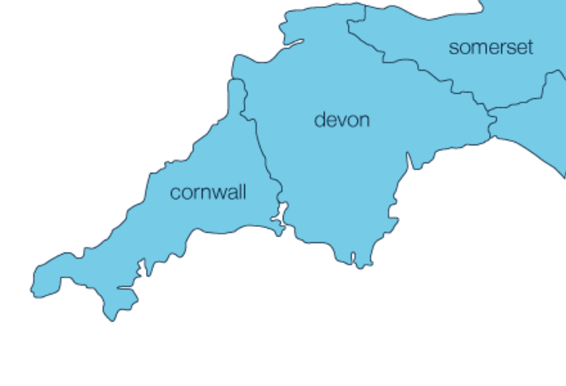 Map of service area, Devon, Cornwall and Somerset. Based in Torbay.