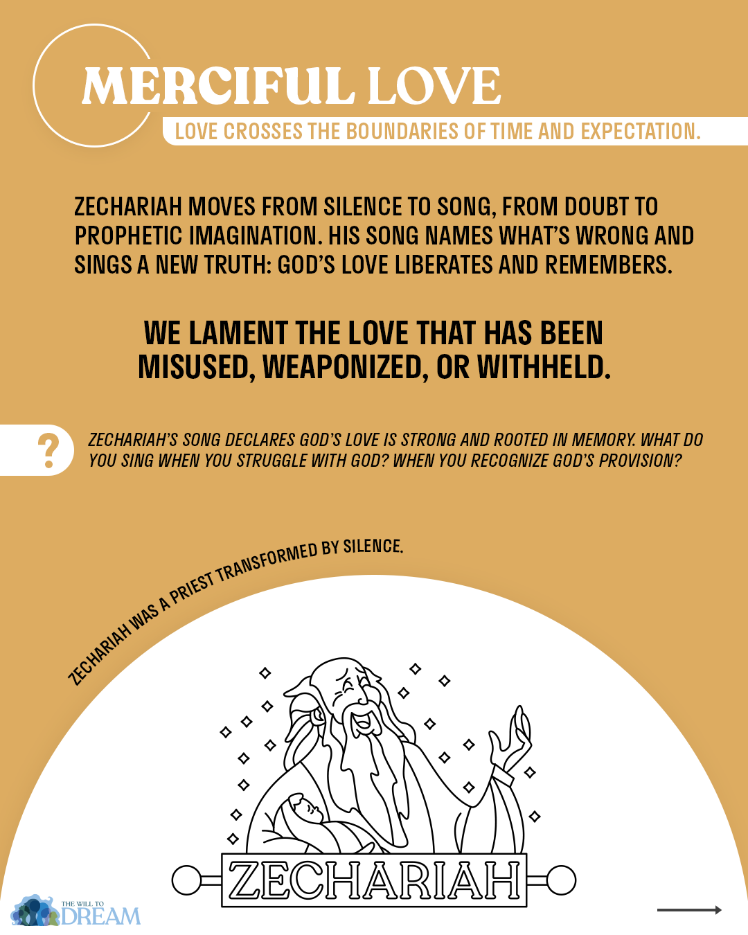 4th Sunday of advent - Zechariah.
MERCIFUL LOVE
LOVE CROSSES THE BOUNDARIES OF TIME AND EXPECTATION.
ZECHARIAH MOVES FROM SILENCE TO SONG, FROM DOUBT TO PROPHETIC IMAGINATION. HIS SONG NAMES WHAT'S WRONG AND SINGS A NEW TRUTH: GOD'S LOVE LIBERATES AND REMEMBERS.
WE LAMENT THE LOVE THAT HAS BEEN MISUSED, WEAPONIZED, OR WITHHELD.
ZECHARIAH'S SONG DECLARES GOD'S LOVE IS STRONG AND ROOTED IN MEMORY. WHAT DO YOU SING WHEN YOU STRUGGLE WITH GOD? WHEN YOU RECOGNIZE GOD'S PROVISION?
Zechariah was a priest transformed by silence.