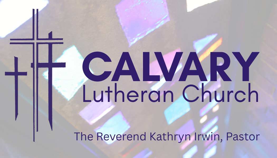 Calvary Lutheran Church, Pastor Kathryn Irwin over a picture of one of the church's stained glass windows.