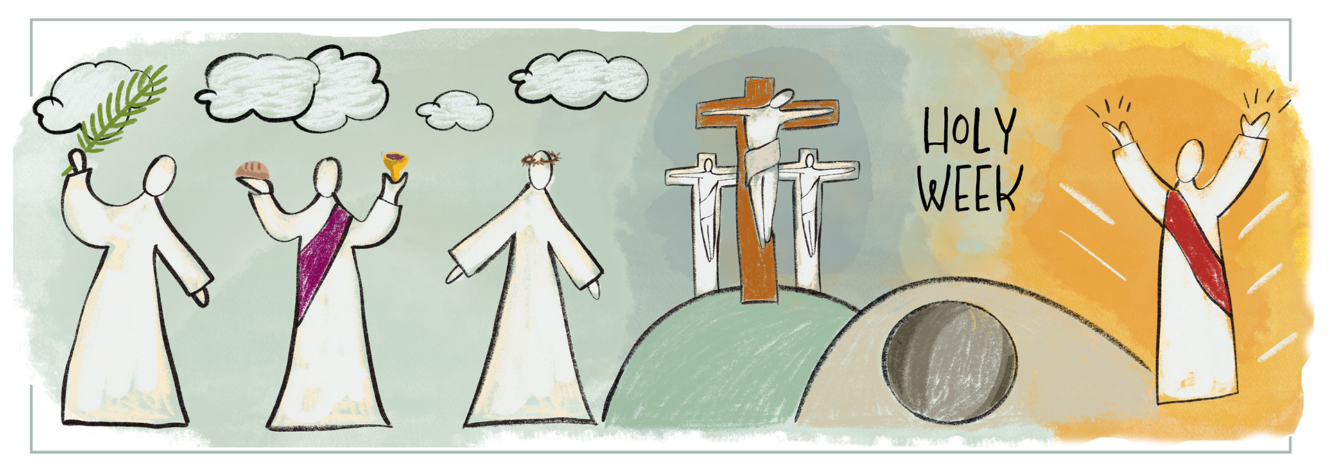 Holy Week with pictures depicting Palm Sunday, Maundy Thursday, Good Friday and Easter Sunday