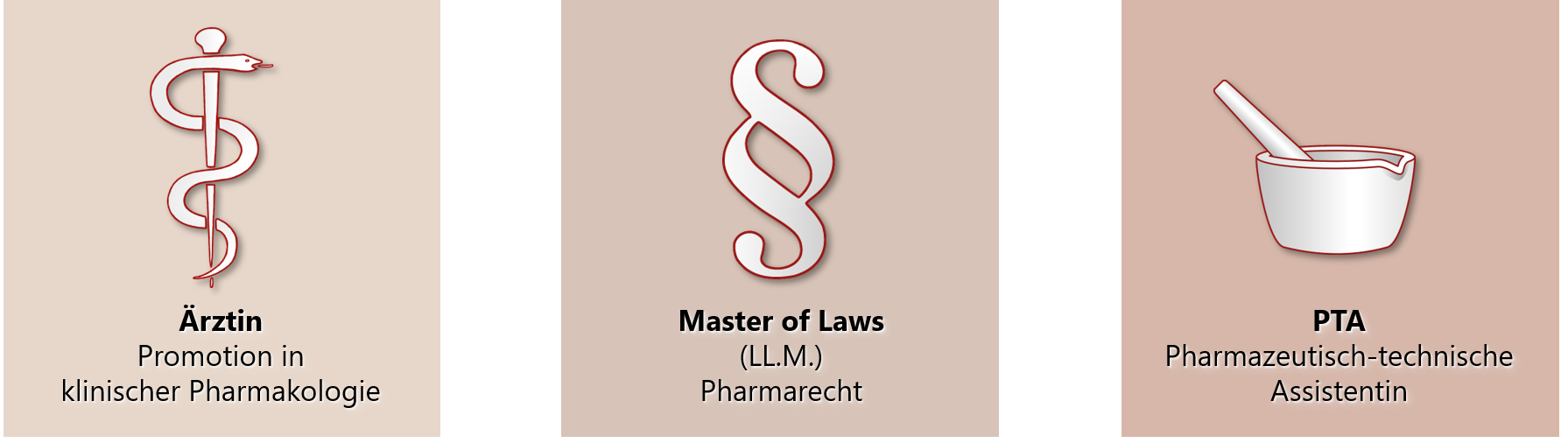 Bild mit Aeskulap-Stab und Schriftzug Ärztin, Bild mit Paragraph und Schriftzug Master of Laws, Bild mit Fantaschale und Schriftzug PTA