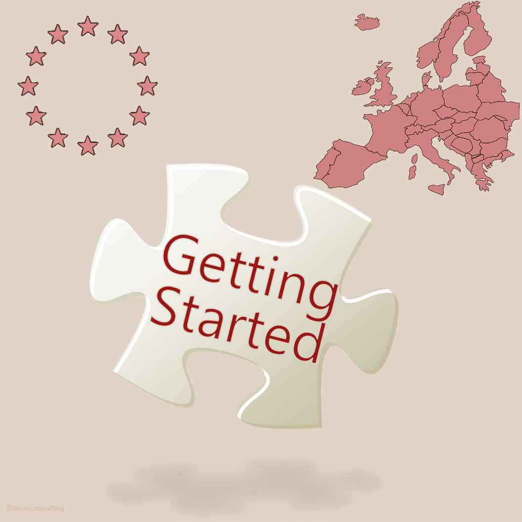 European map, circle of stars, Puzzle piece with the text Getting Strated