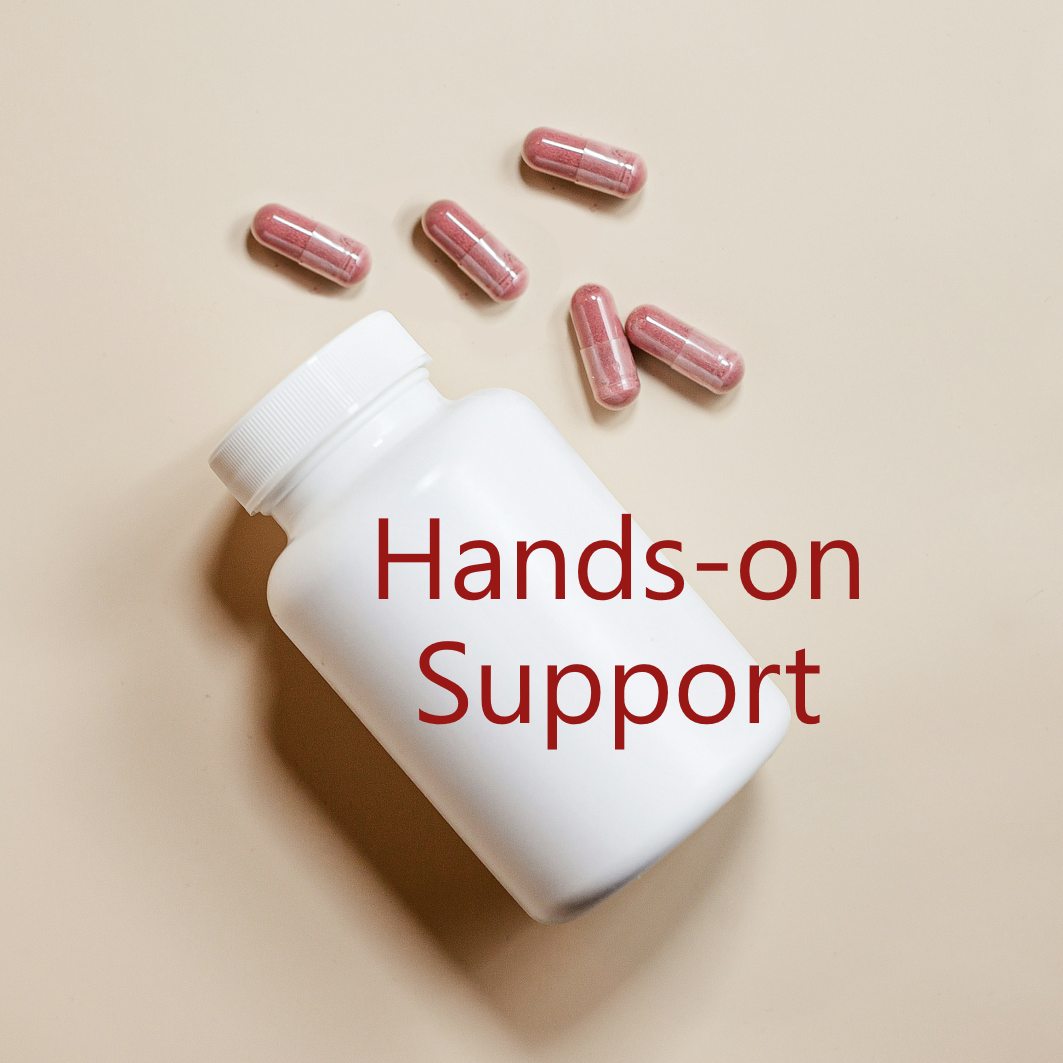 Closed medicine container with capsules and the text Hands-on Support