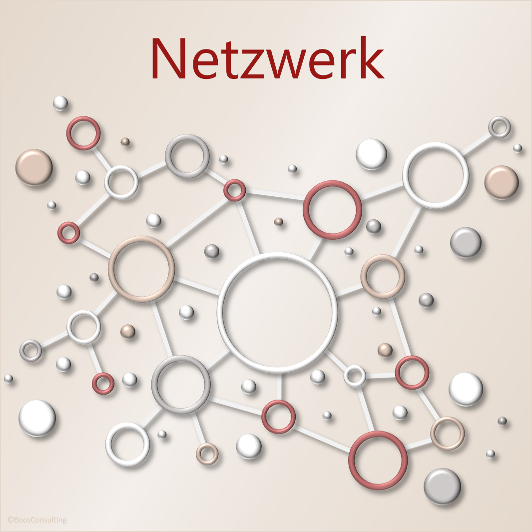 Verschiedene farbige Kreise mit Verbindungen dazwischen und dem Schriftzug Netzwerk