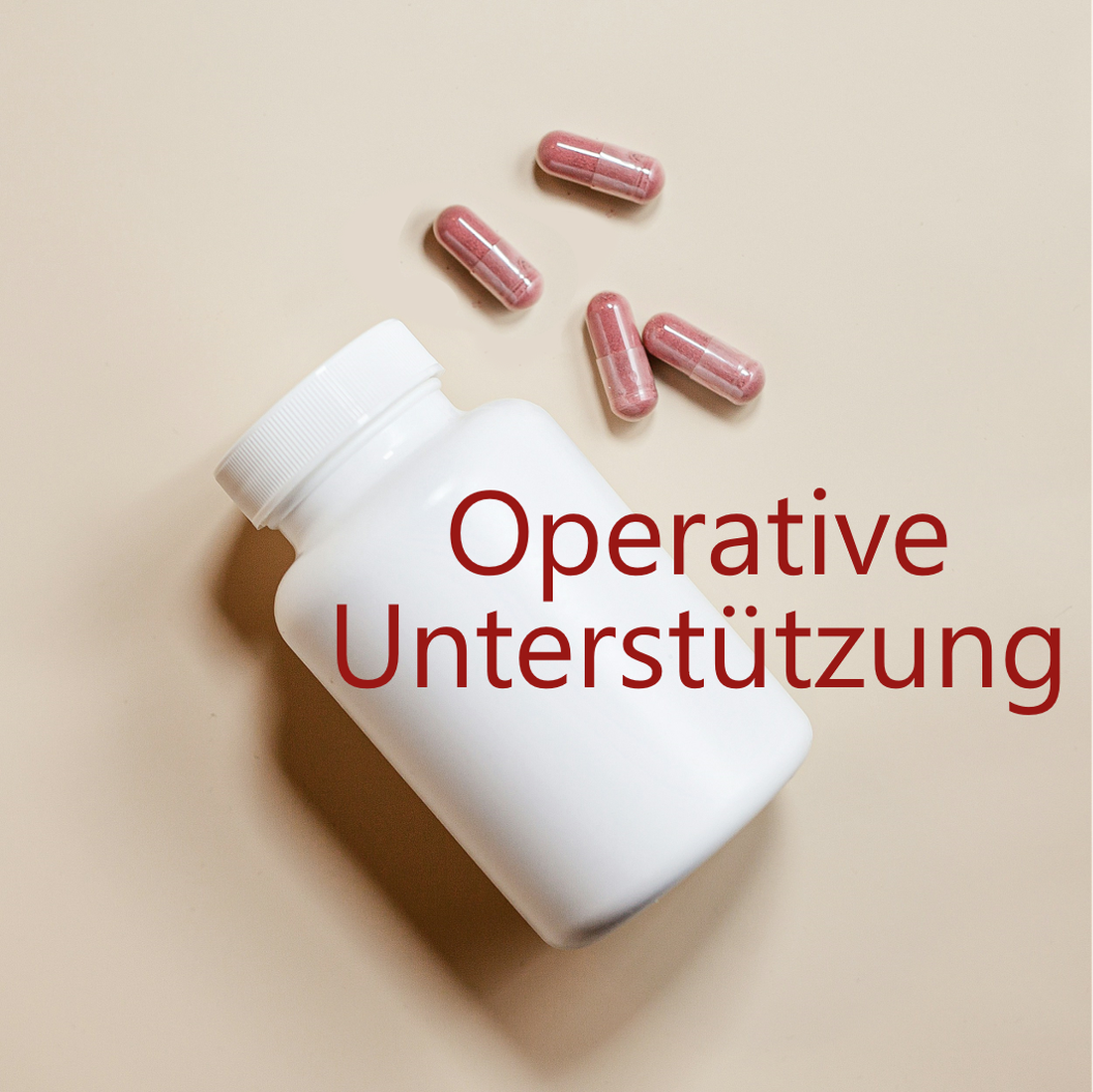 Geschlossene Medikamentendose mit Kapseln und dem Schriftzug Operative Unterstützung