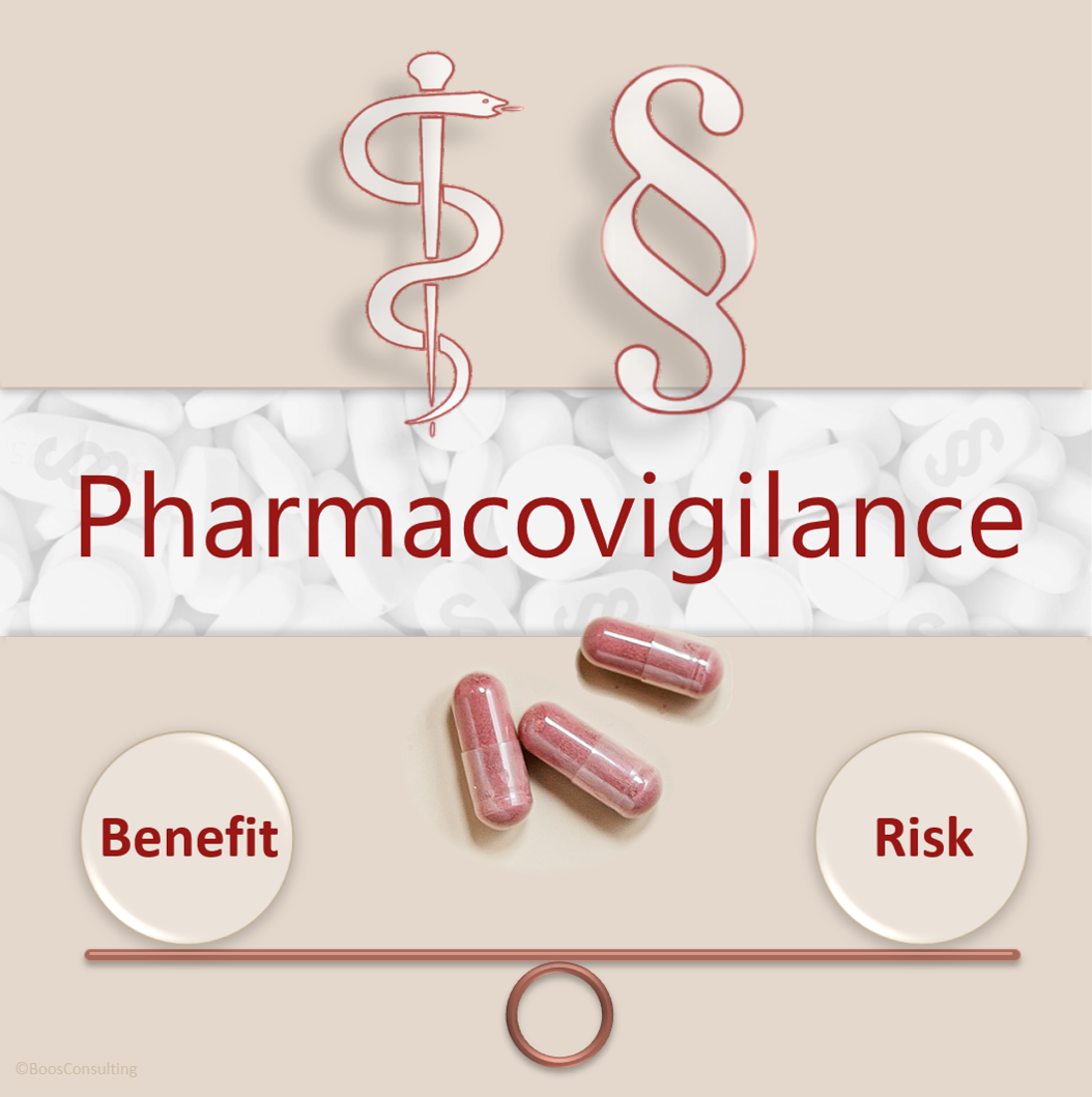 Pharmacovigilance picture with Asclepius snake, paragraph, medicine and benefit/risk balance scales