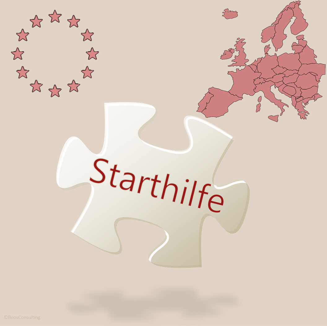 Europa-Karte, Kreis aus Sternen, Puzzleteil mit Schriftzug Starthilfe